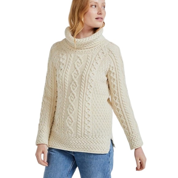 Aran Ireland Ivory Cable Knit Cowl Neck Tunic Sweater - XS - Picture 2 of 15